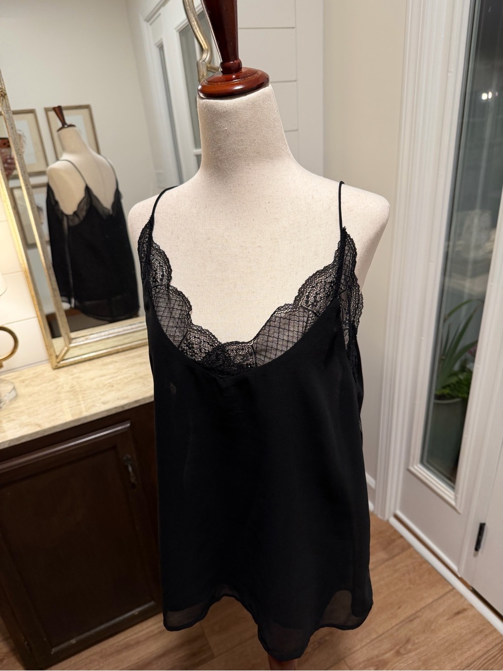 Black Lace-Trim Silk Camisole Top